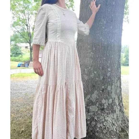 Vintage Prairie Dress Women's Small Pink Floral Print Lace Trim Long Cottage - Picture 10 of 12